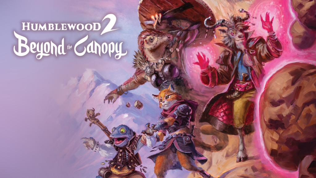 Text on the left of the image reads Humblewood 2 Beyond the Canopy. 
On the right a party of anthropomorphic animal adventurers on a mountainside help each other through a rockfall.