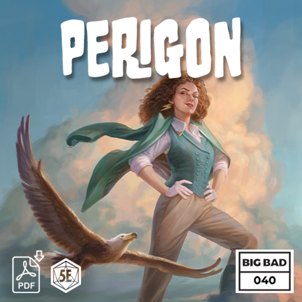 A smug woman stands with her hands on her hips on top of a cloud. She is wearing lightning bolt earrings. An eagle flies close by her. The title Perigon is at the top. 