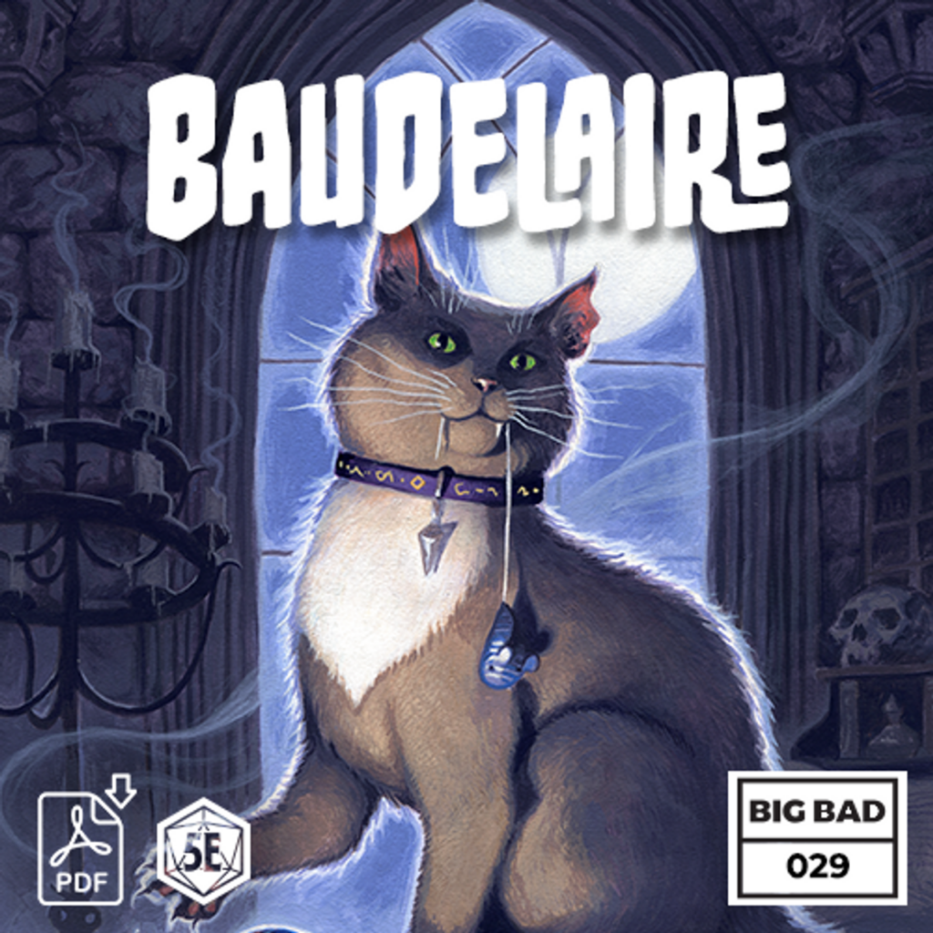 A grey cat with a white chest and a purple collar covered in runes stares at the viewer. He is in a darkened wizard's tower and the moon shines through a window behind him. The title Baudelaire is at the top. 